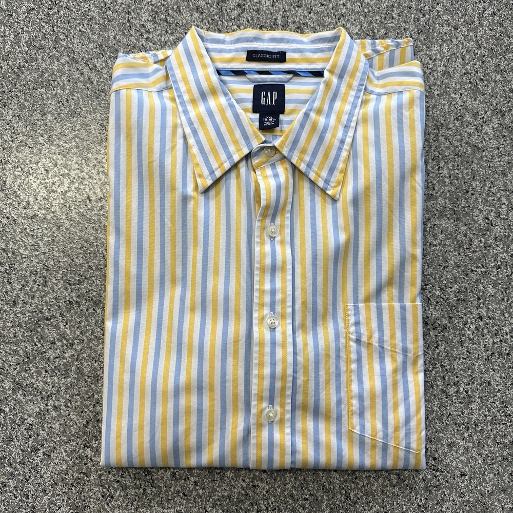 Gap Shirt Mens XXL 18-18.5 Classic Fit Long Sleeve Button Up Yellow Blue Striped